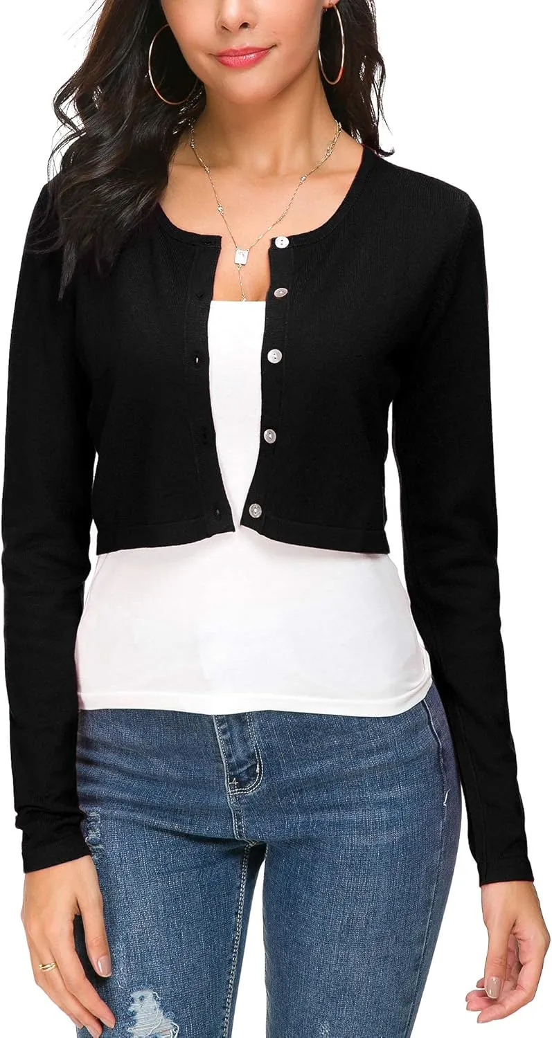 Women's Cropped Knit Cardigan Sweater Long Sleeve Button Down Open Front Bolero Shrug for Spring and Fall