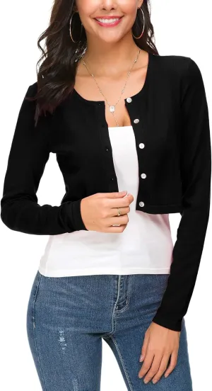 Women's Cropped Knit Cardigan Sweater Long Sleeve Button Down Open Front Bolero Shrug for Spring and Fall