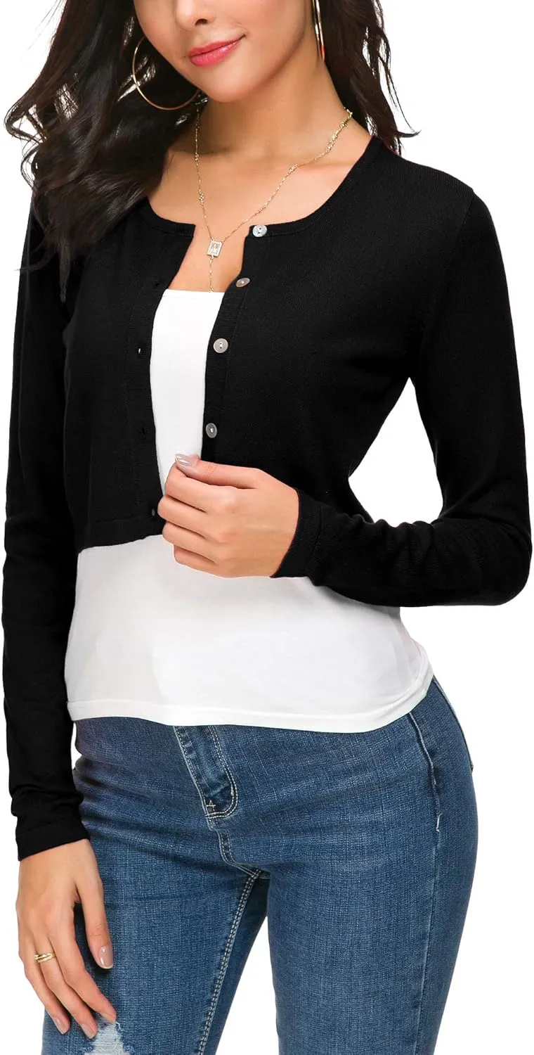 Women's Cropped Knit Cardigan Sweater Long Sleeve Button Down Open Front Bolero Shrug for Spring and Fall
