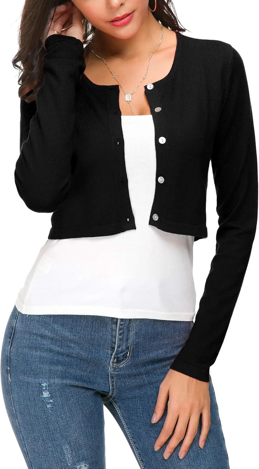 Women's Cropped Knit Cardigan Sweater Long Sleeve Button Down Open Front Bolero Shrug for Spring and Fall