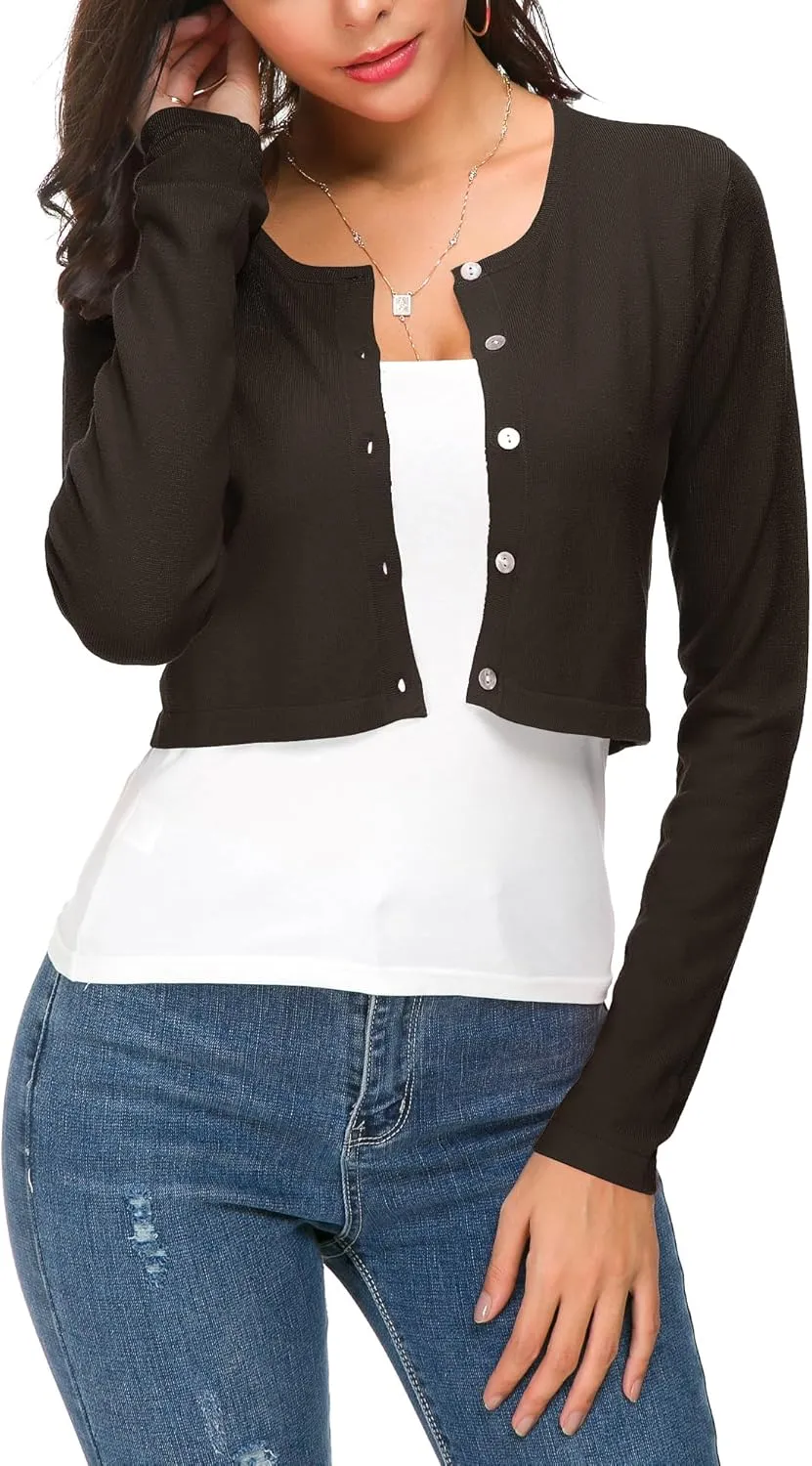 Women's Cropped Knit Cardigan Sweater Long Sleeve Button Down Open Front Bolero Shrug for Spring and Fall