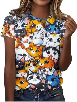 Women's Cute Cat Printed Summer Tops Loose Fit Basic Crewneck Short Sleeve Tunic T-Shirts Trendy Casual Graphic Tees Blouse