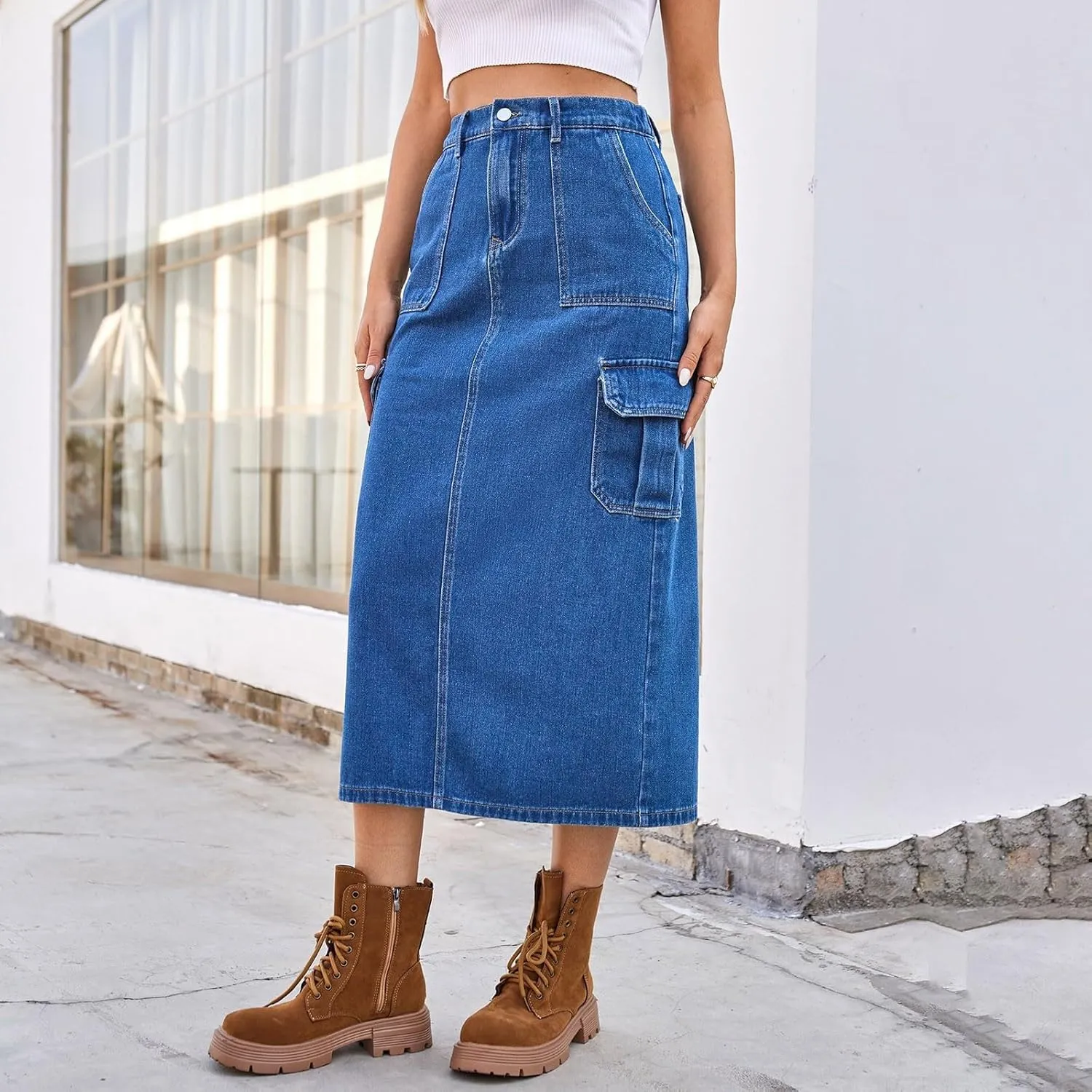 Womens Denim Cargo Skirts Slim Fit Calf Length Back Slit Jean Elastic High Waist Pencil Skirt Flap Pockets Streetwear