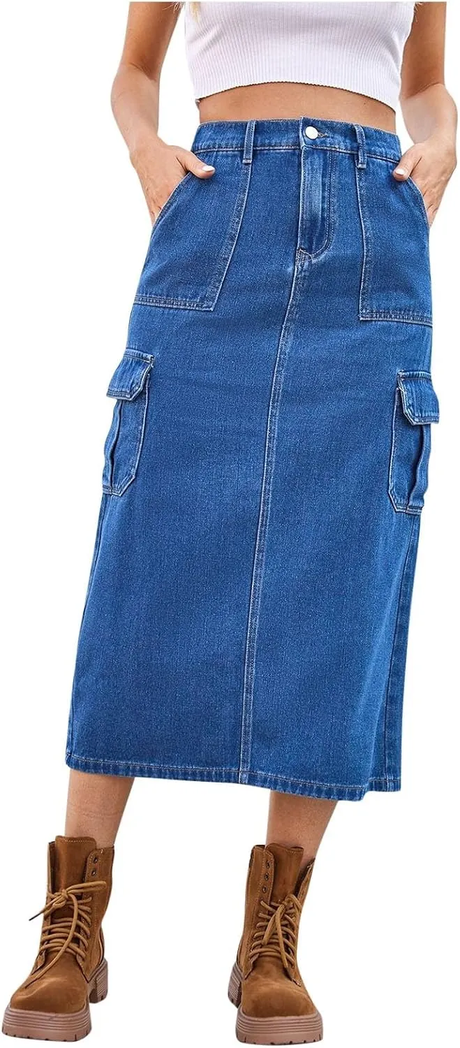 Womens Denim Cargo Skirts Slim Fit Calf Length Back Slit Jean Elastic High Waist Pencil Skirt Flap Pockets Streetwear