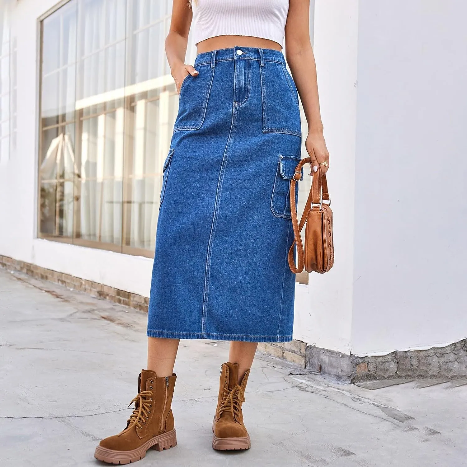 Womens Denim Cargo Skirts Slim Fit Calf Length Back Slit Jean Elastic High Waist Pencil Skirt Flap Pockets Streetwear
