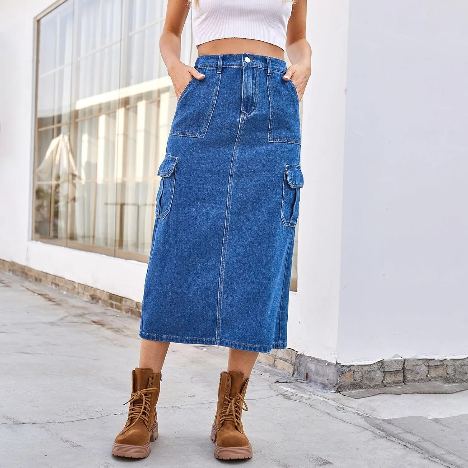 Womens Denim Cargo Skirts Slim Fit Calf Length Back Slit Jean Elastic High Waist Pencil Skirt Flap Pockets Streetwear