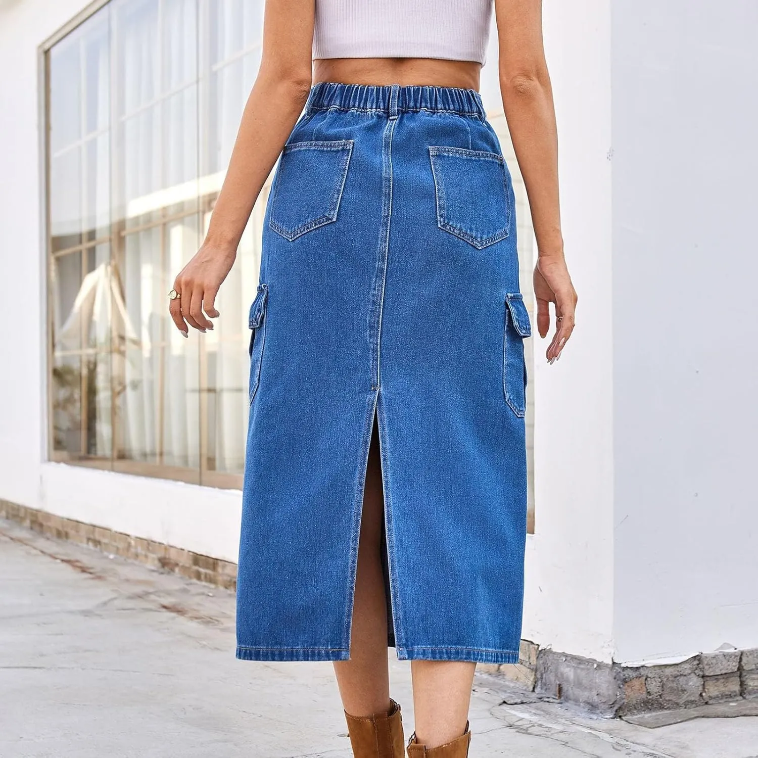 Womens Denim Cargo Skirts Slim Fit Calf Length Back Slit Jean Elastic High Waist Pencil Skirt Flap Pockets Streetwear