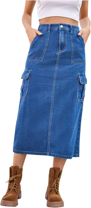 Womens Denim Cargo Skirts Slim Fit Calf Length Back Slit Jean Elastic High Waist Pencil Skirt Flap Pockets Streetwear