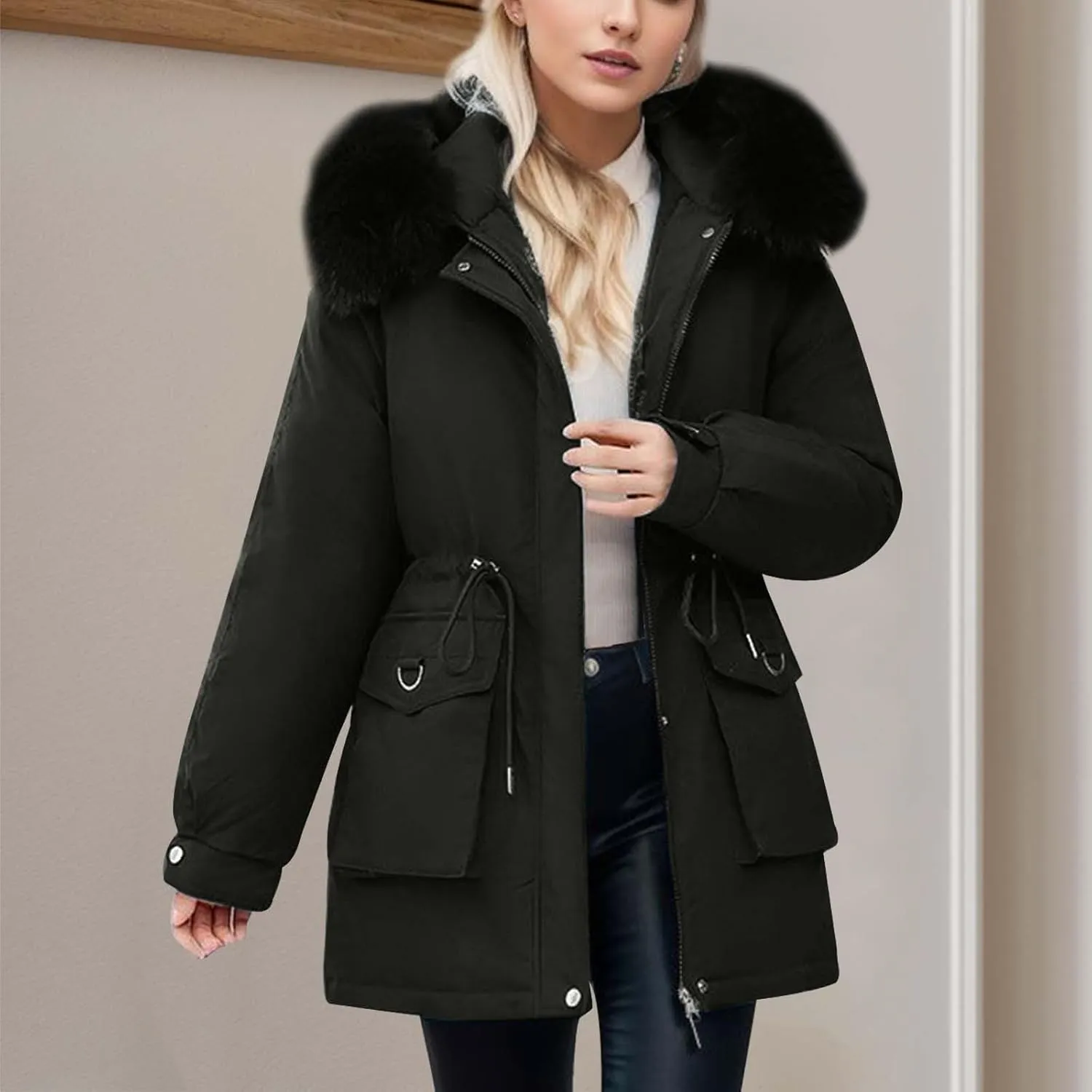 Women's Down Jackets Mid Length Thickened Quilted Puffer Jackets Padded Winter Coat Faux Fur Hooded Outerwear Pockets