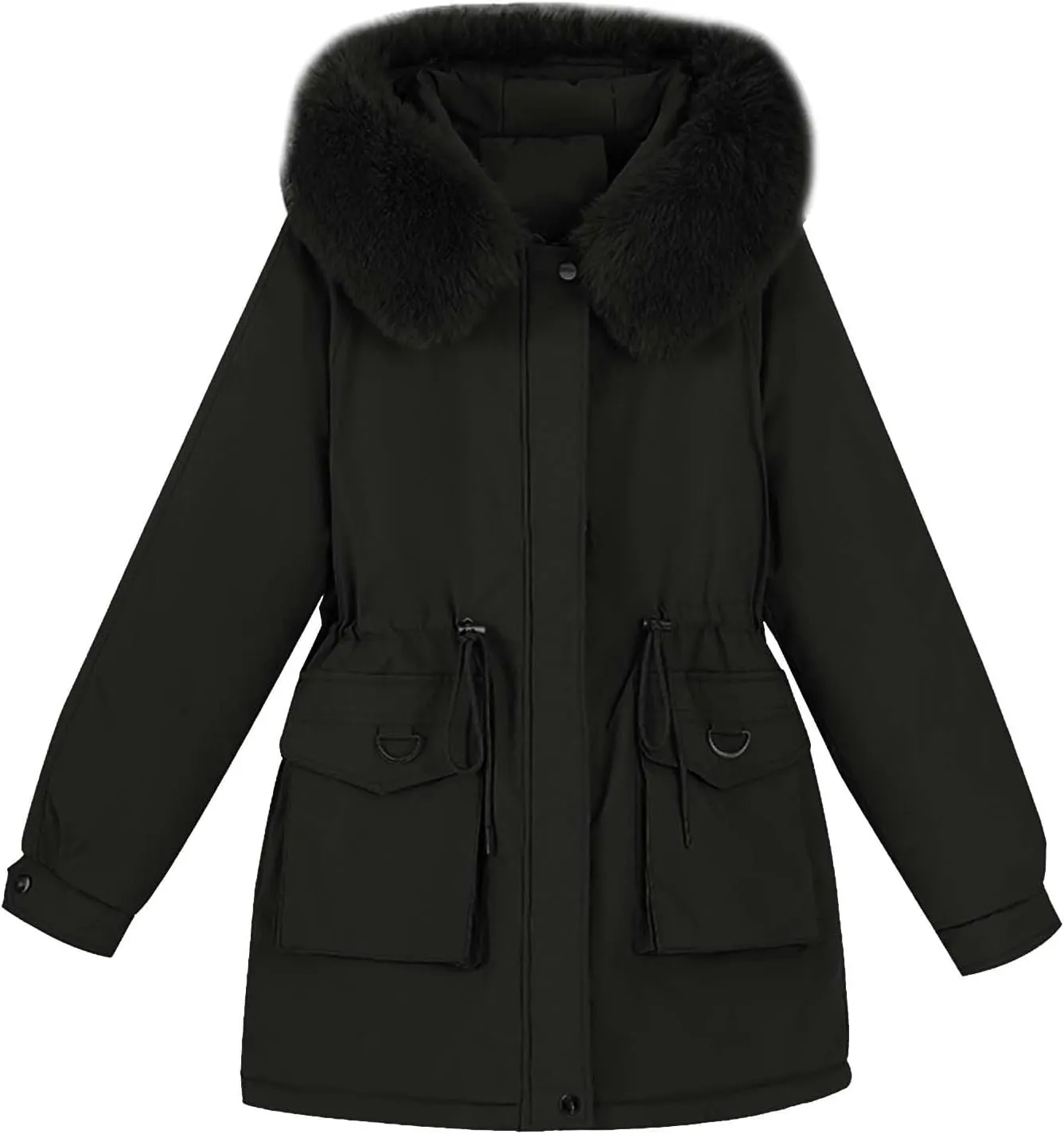 Women's Down Jackets Mid Length Thickened Quilted Puffer Jackets Padded Winter Coat Faux Fur Hooded Outerwear Pockets