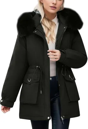 Women's Down Jackets Mid Length Thickened Quilted Puffer Jackets Padded Winter Coat Faux Fur Hooded Outerwear Pockets