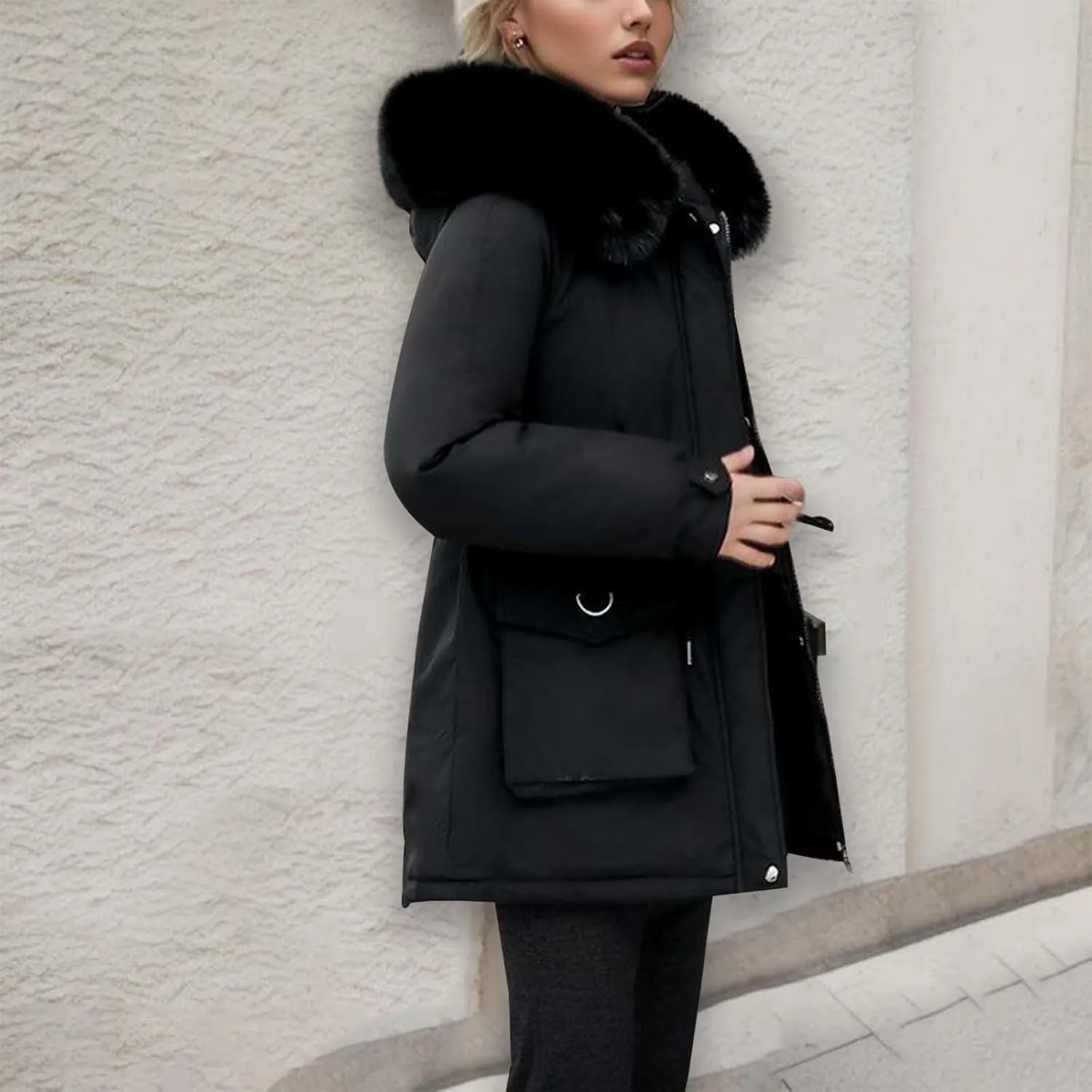 Women's Down Jackets Mid Length Thickened Quilted Puffer Jackets Padded Winter Coat Faux Fur Hooded Outerwear Pockets