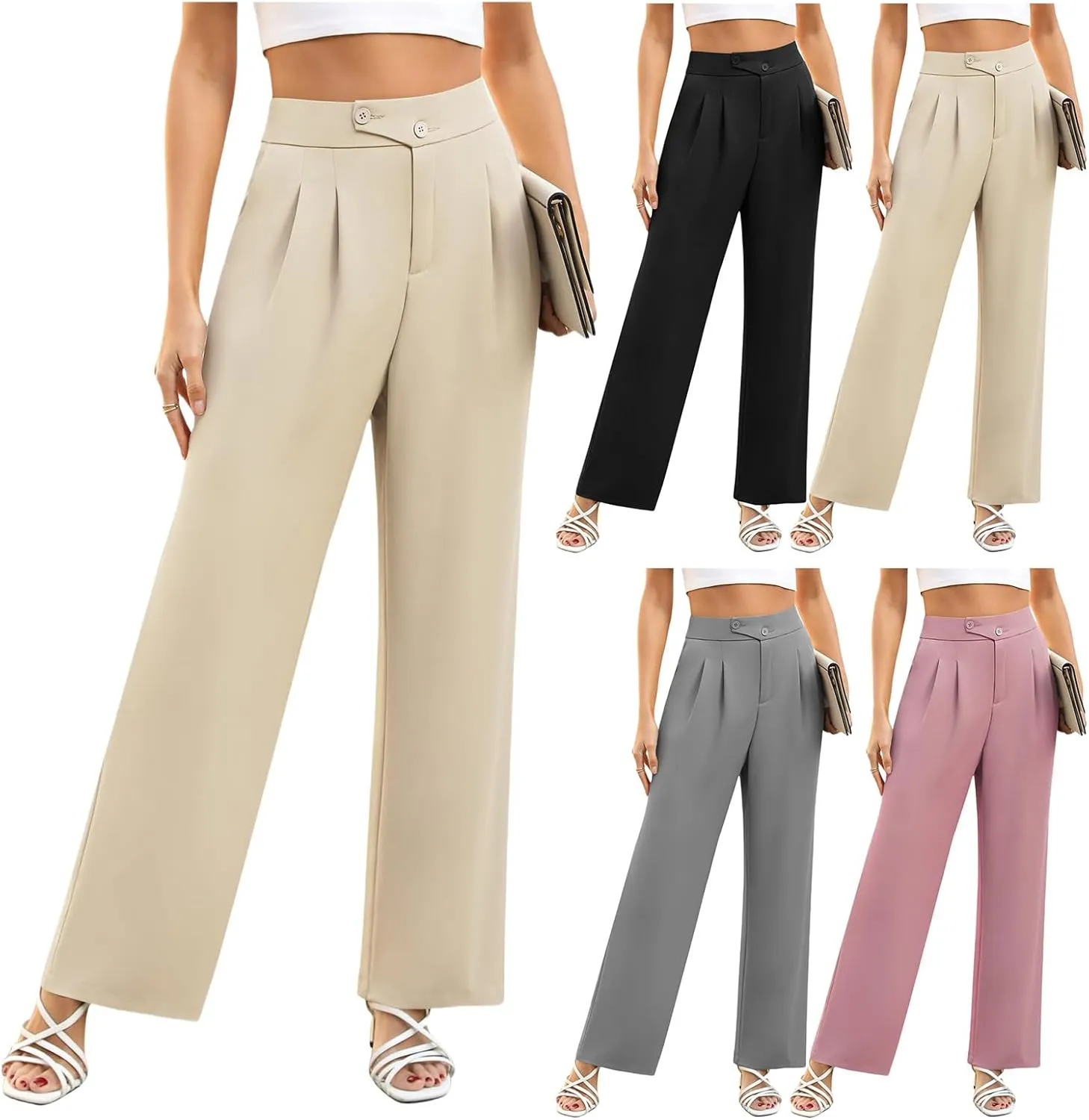 Womens Dress Pants Dressy Straight Leg Suit Pants Comfortable High Waisted Loose Fit Business Casual Work Trousers