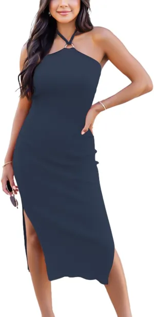 Women's Halter Neck Bodycon Dresses Summer Sleeveless Slit Cocktail Midi Sheath Party Dresses