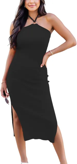 Women's Halter Neck Bodycon Dresses Summer Sleeveless Slit Cocktail Midi Sheath Party Dresses