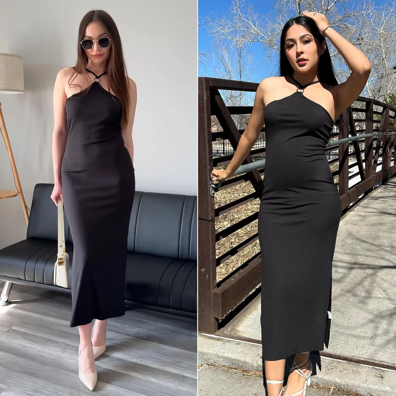 Women's Halter Neck Bodycon Dresses Summer Sleeveless Slit Cocktail Midi Sheath Party Dresses