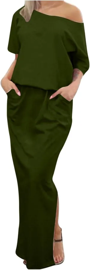 Womens Hide Belly Work Casual Maxi Blouson Dress with Pockets Side Slit Dresses 2024 Summer Fashion Clothes