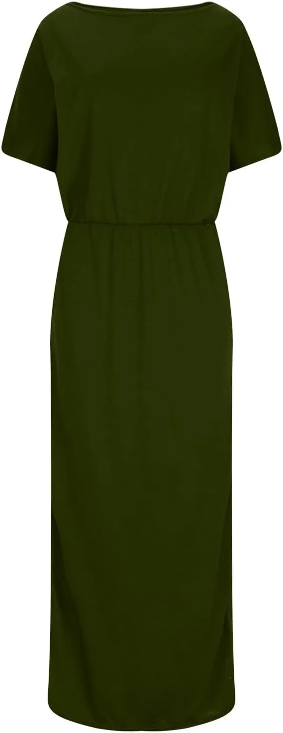 Womens Hide Belly Work Casual Maxi Blouson Dress with Pockets Side Slit Dresses 2024 Summer Fashion Clothes