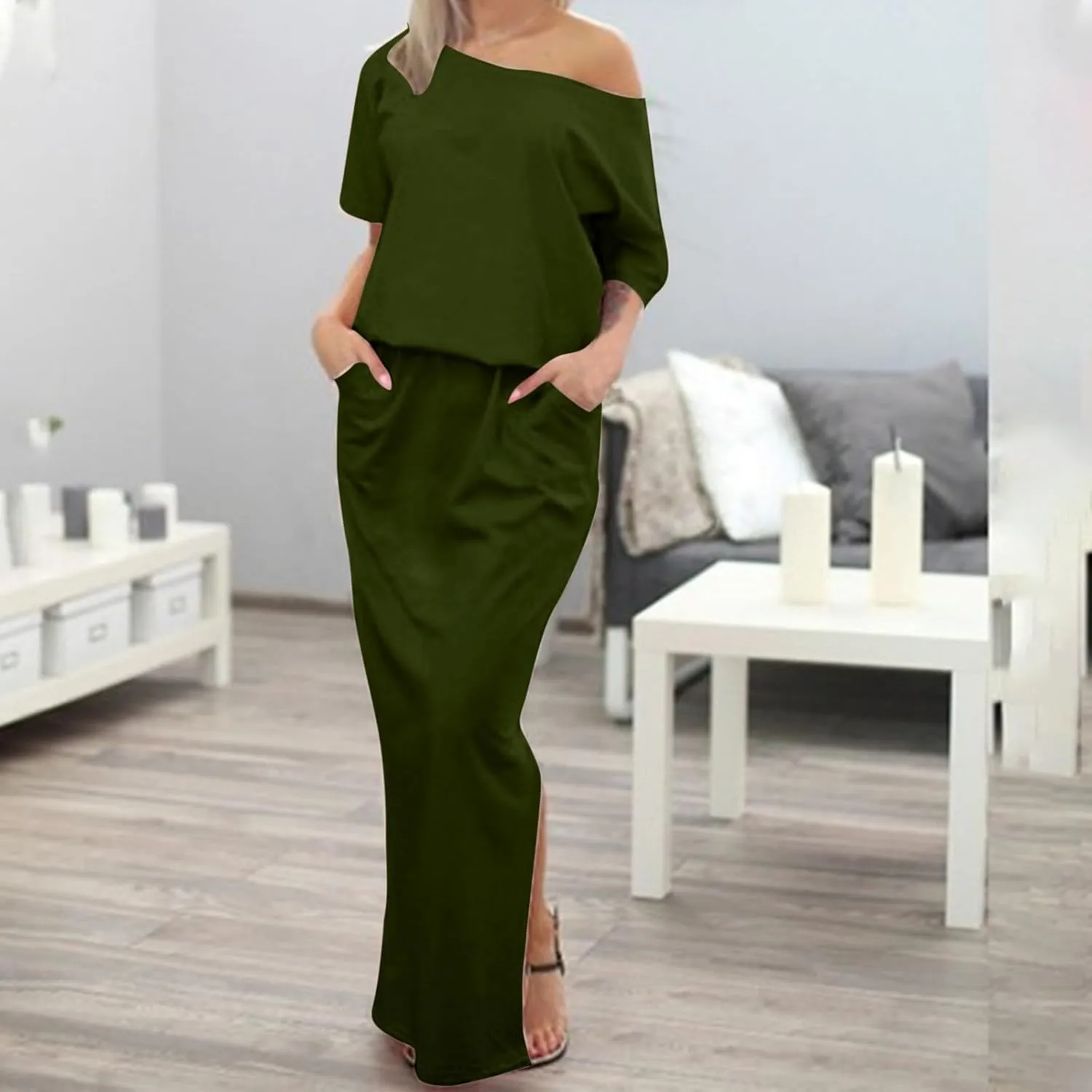 Womens Hide Belly Work Casual Maxi Blouson Dress with Pockets Side Slit Dresses 2024 Summer Fashion Clothes