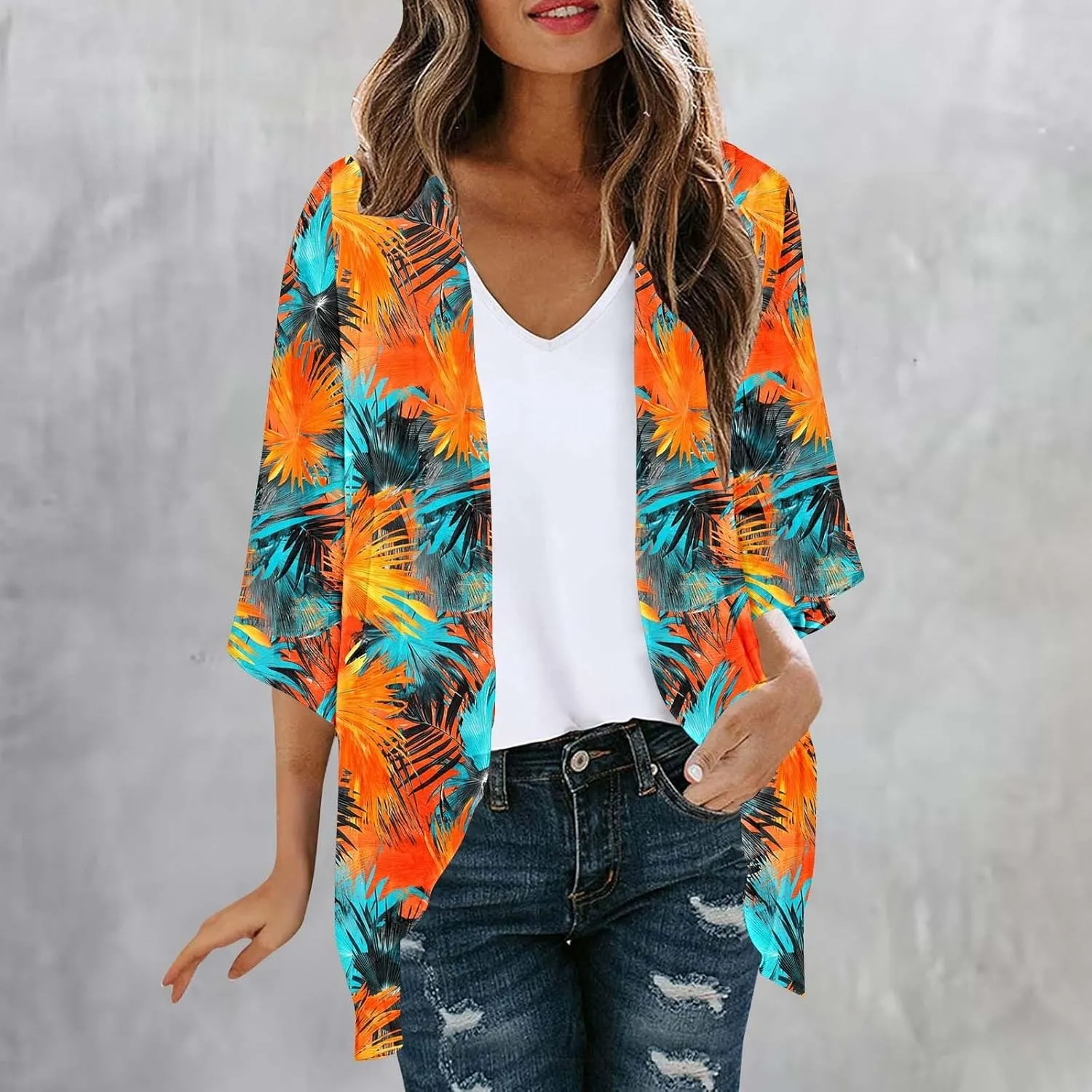 Womens Leopard Chiffon Kimono Cardigans 3/4 Sleeve Loose Beach Cover Up Lightweight Sun Protection Clothes Rash Guard