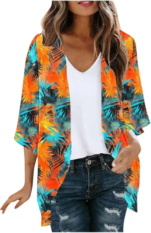 Womens Leopard Chiffon Kimono Cardigans 3/4 Sleeve Loose Beach Cover Up Lightweight Sun Protection Clothes Rash Guard