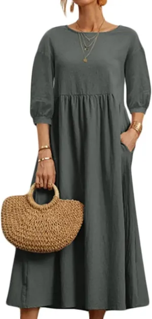 Womens Linen Dresses 3/4 Sleeves Maxi Casual Dress Crew Neck Solid Loose A-line Beach Vacation Dresses with Pockets