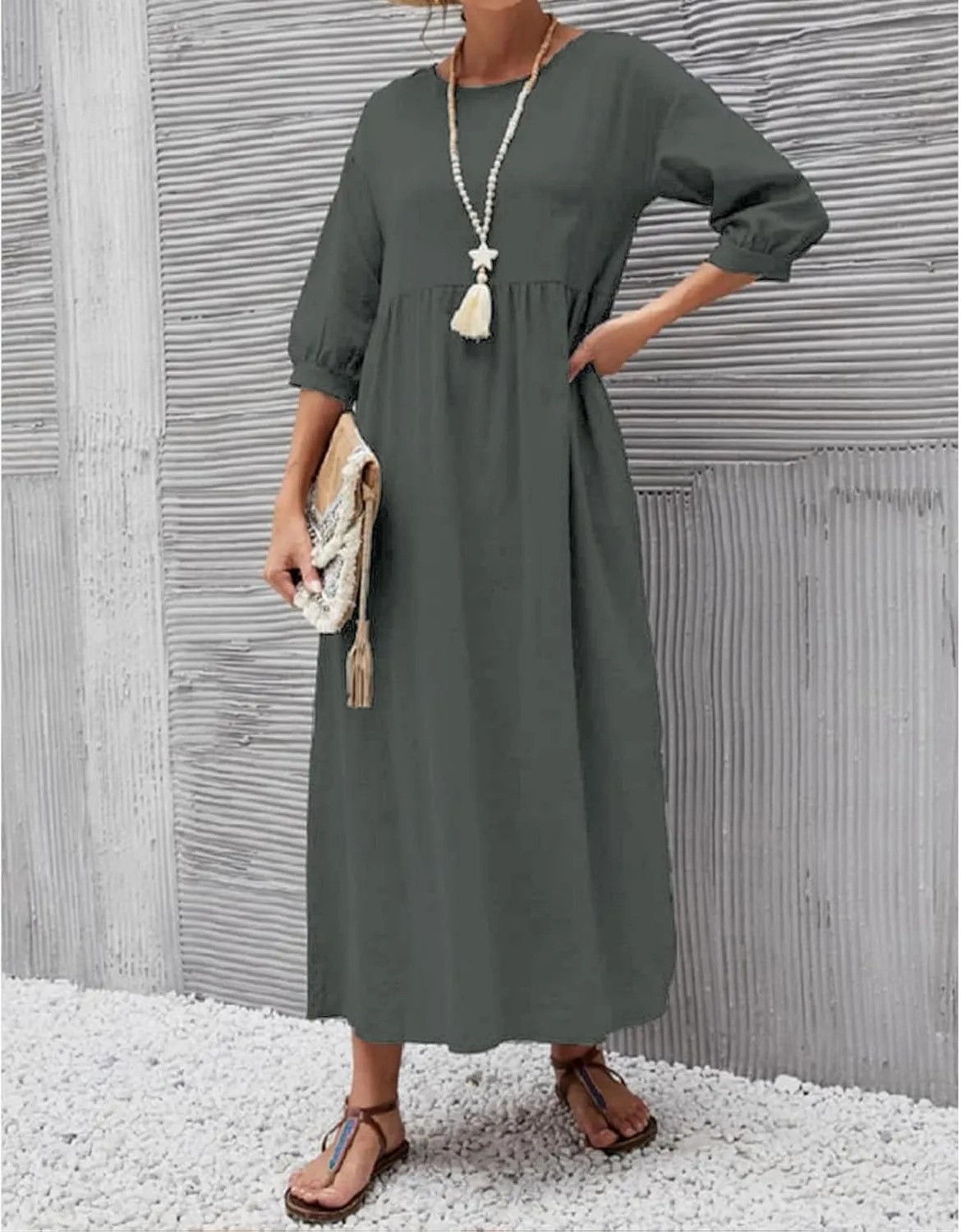 Womens Linen Dresses 3/4 Sleeves Maxi Casual Dress Crew Neck Solid Loose A-line Beach Vacation Dresses with Pockets