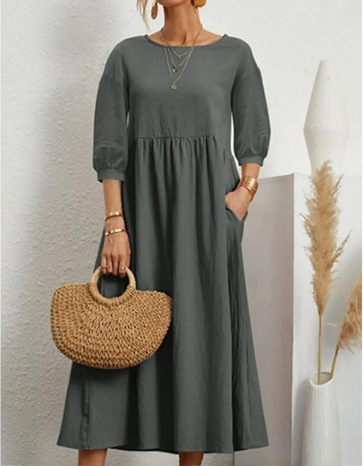 Womens Linen Dresses 3/4 Sleeves Maxi Casual Dress Crew Neck Solid Loose A-line Beach Vacation Dresses with Pockets