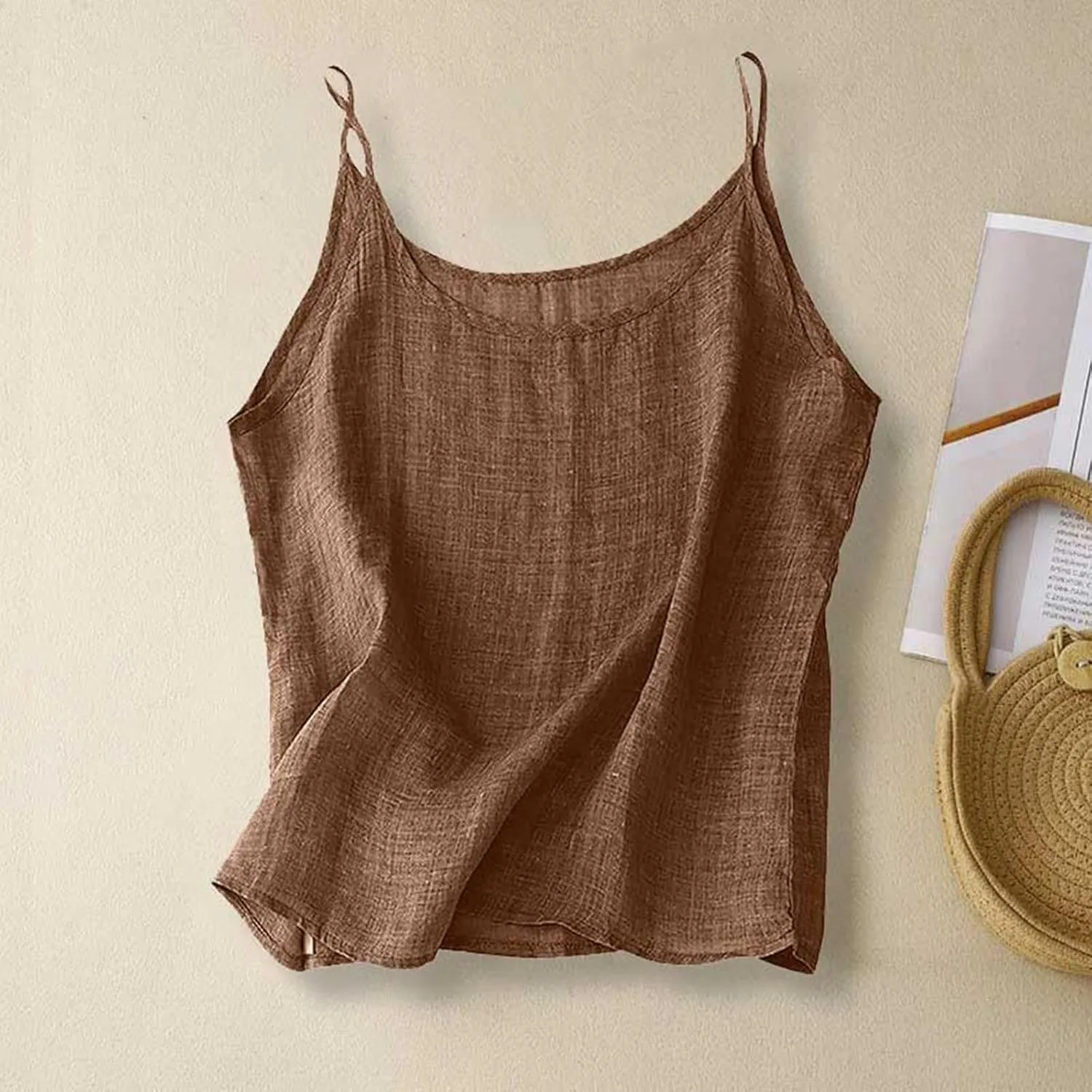 Womens Linen Tank Tops Summer Vacation Round Neck Sleeveless T Shirts Casual Loose Basic Undershirts