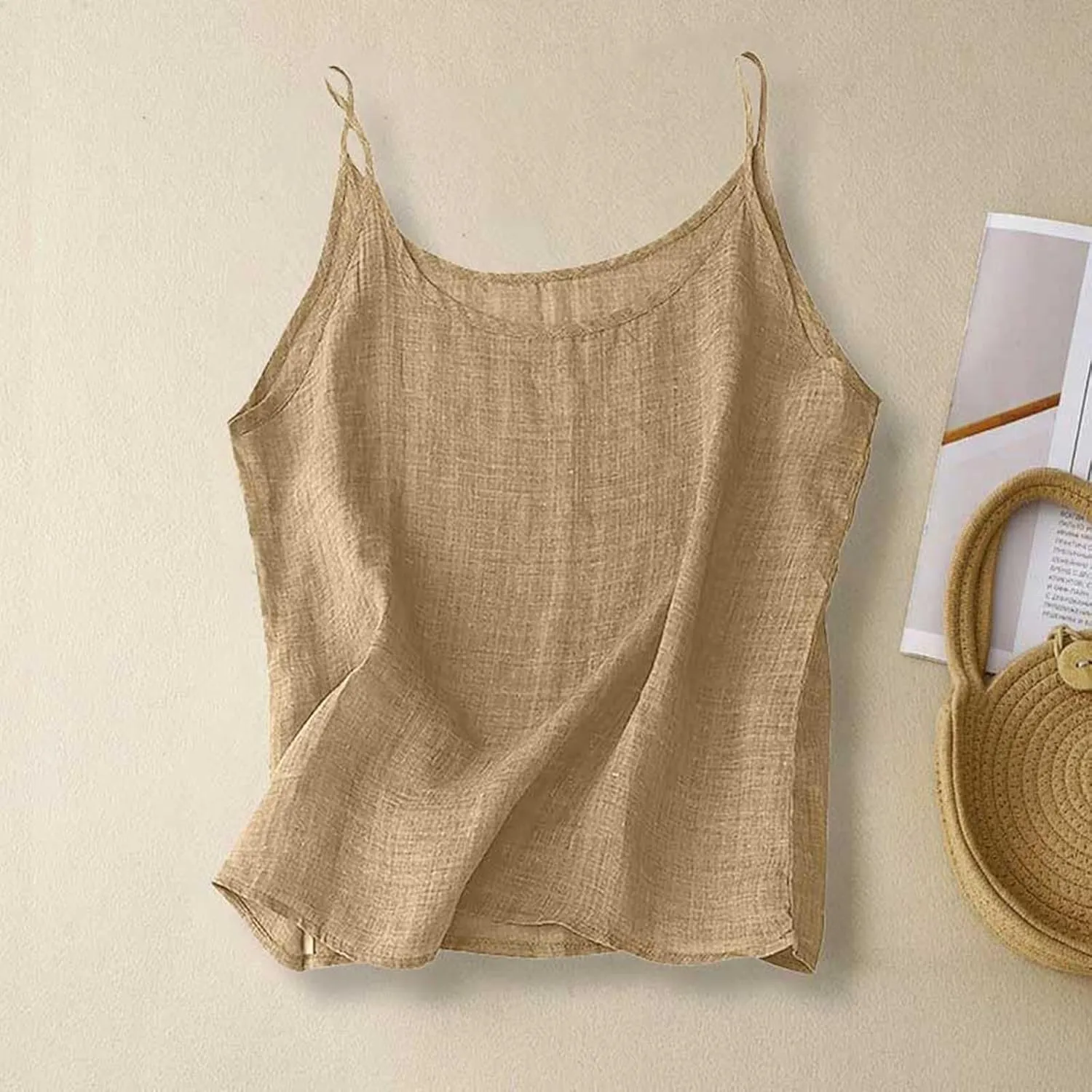 Womens Linen Tank Tops Summer Vacation Round Neck Sleeveless T Shirts Casual Loose Basic Undershirts