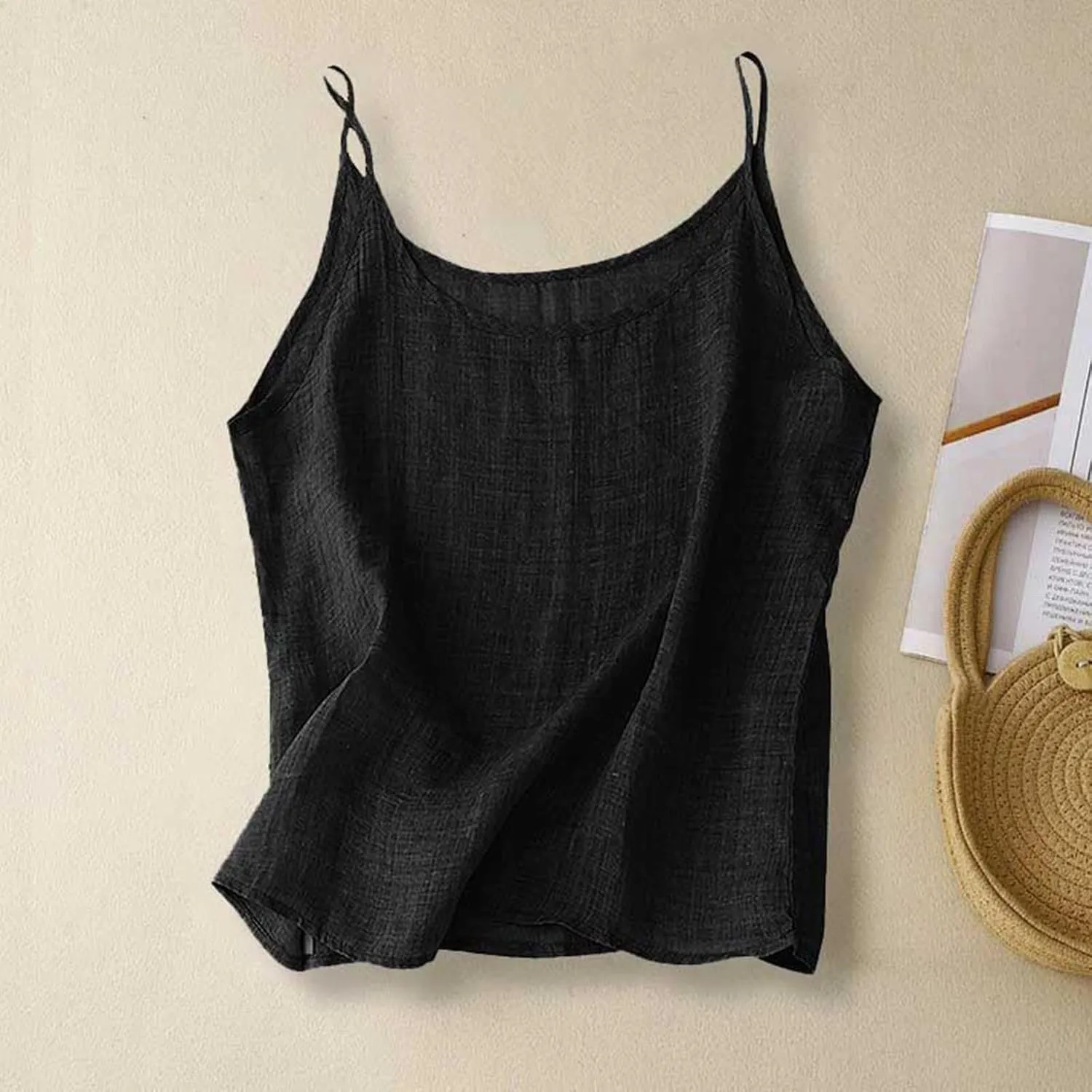 Womens Linen Tank Tops Summer Vacation Round Neck Sleeveless T Shirts Casual Loose Basic Undershirts