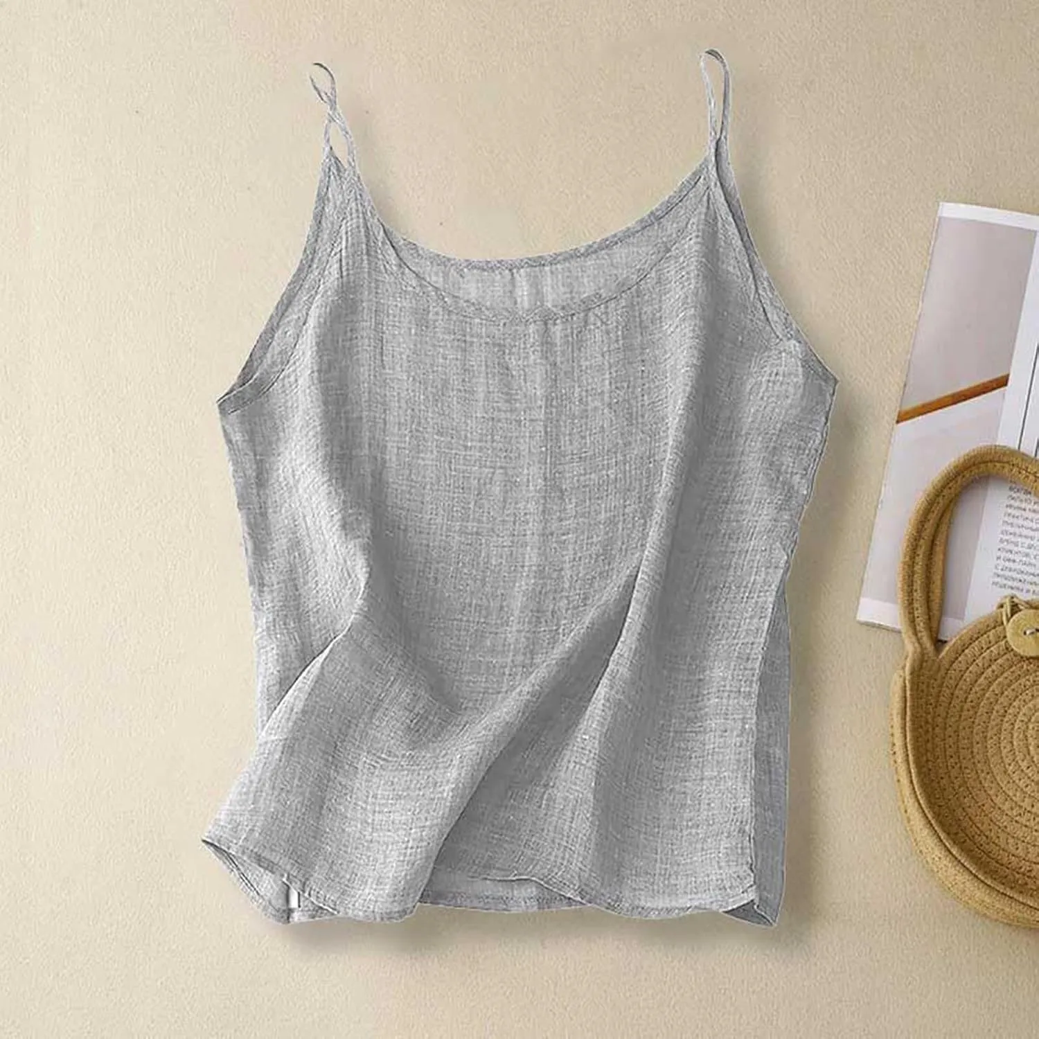Womens Linen Tank Tops Summer Vacation Round Neck Sleeveless T Shirts Casual Loose Basic Undershirts