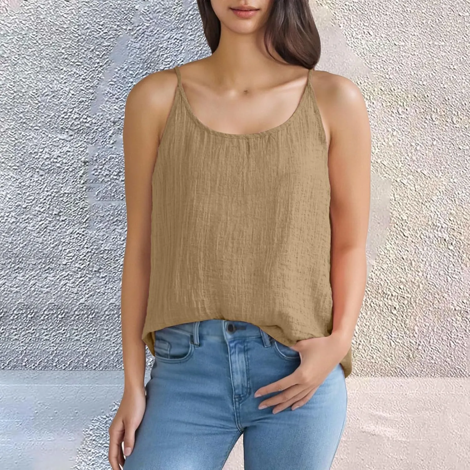 Womens Linen Tank Tops Summer Vacation Round Neck Sleeveless T Shirts Casual Loose Basic Undershirts
