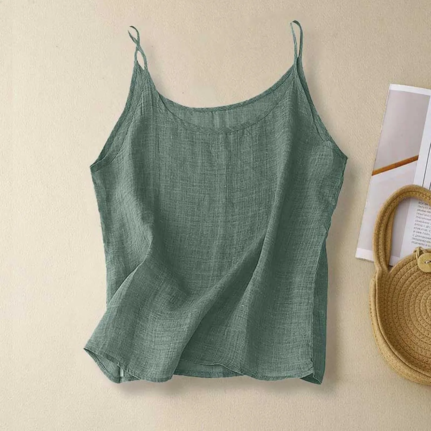 Womens Linen Tank Tops Summer Vacation Round Neck Sleeveless T Shirts Casual Loose Basic Undershirts