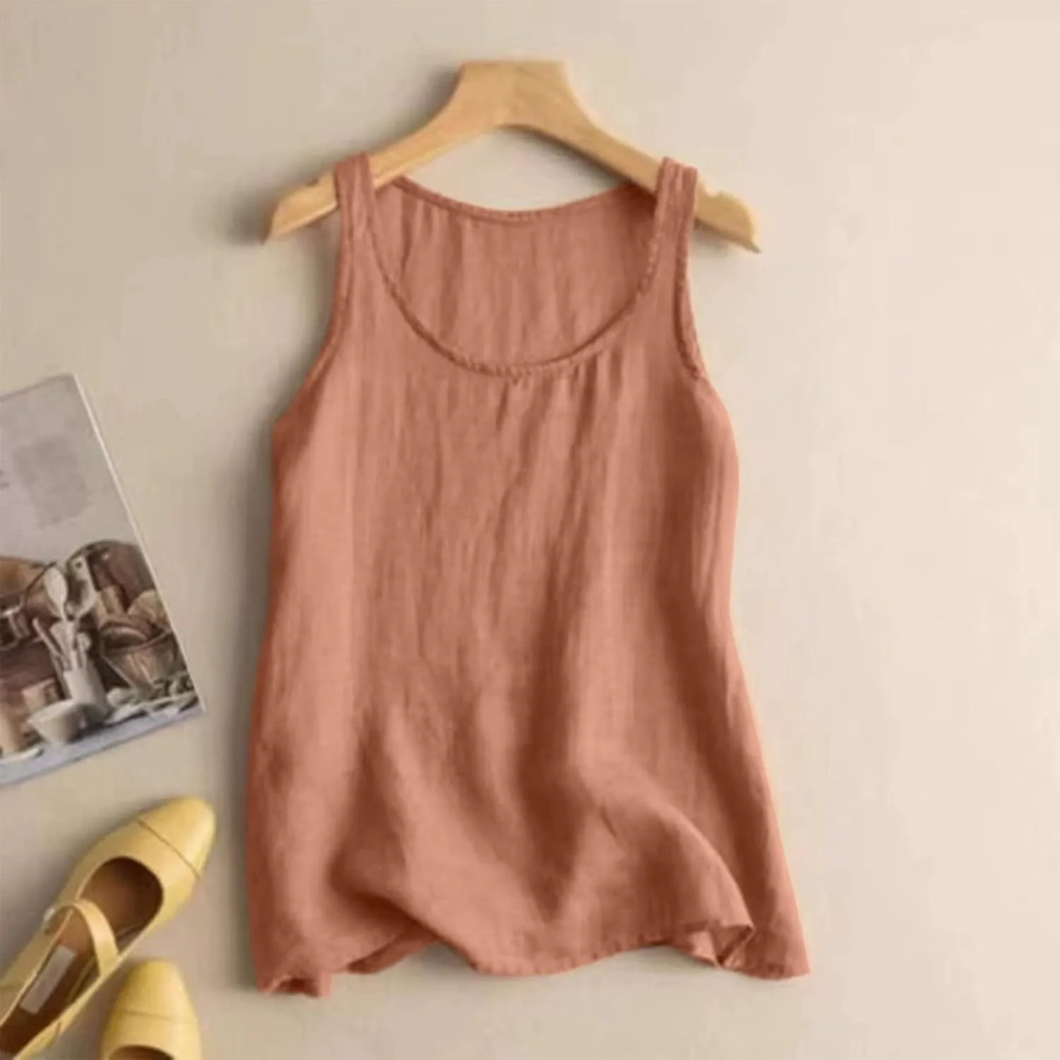 Womens Linen Tank Tops Summer Vacation Round Neck Sleeveless T Shirts Casual Loose Basic Undershirts