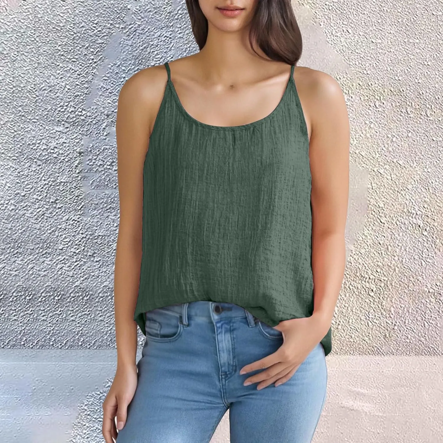 Womens Linen Tank Tops Summer Vacation Round Neck Sleeveless T Shirts Casual Loose Basic Undershirts
