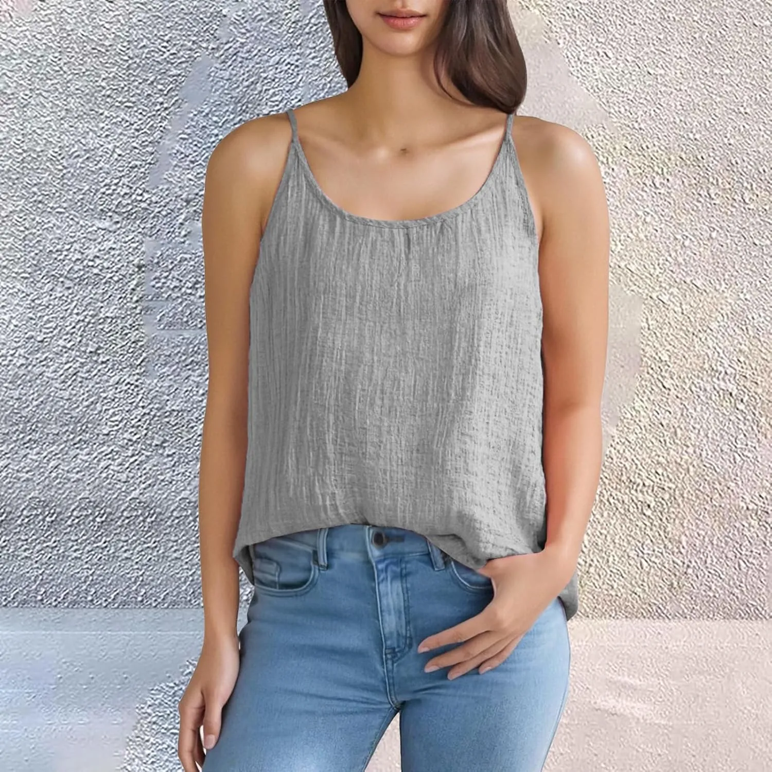 Womens Linen Tank Tops Summer Vacation Round Neck Sleeveless T Shirts Casual Loose Basic Undershirts