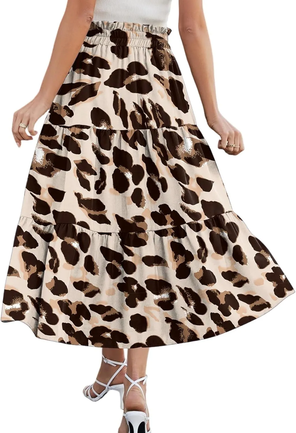 Womens Long Skirts Floral Print Boho Maxi Skirts Summer Pleated Elastic High Waist Drawstring Flowy Skirt with Pocket