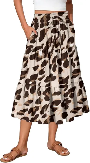 Womens Long Skirts Floral Print Boho Maxi Skirts Summer Pleated Elastic High Waist Drawstring Flowy Skirt with Pocket