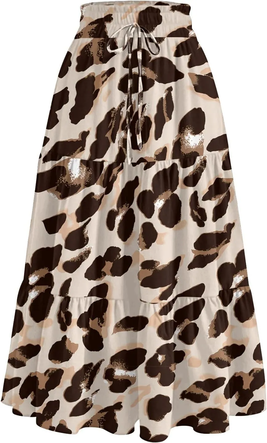 Womens Long Skirts Floral Print Boho Maxi Skirts Summer Pleated Elastic High Waist Drawstring Flowy Skirt with Pocket