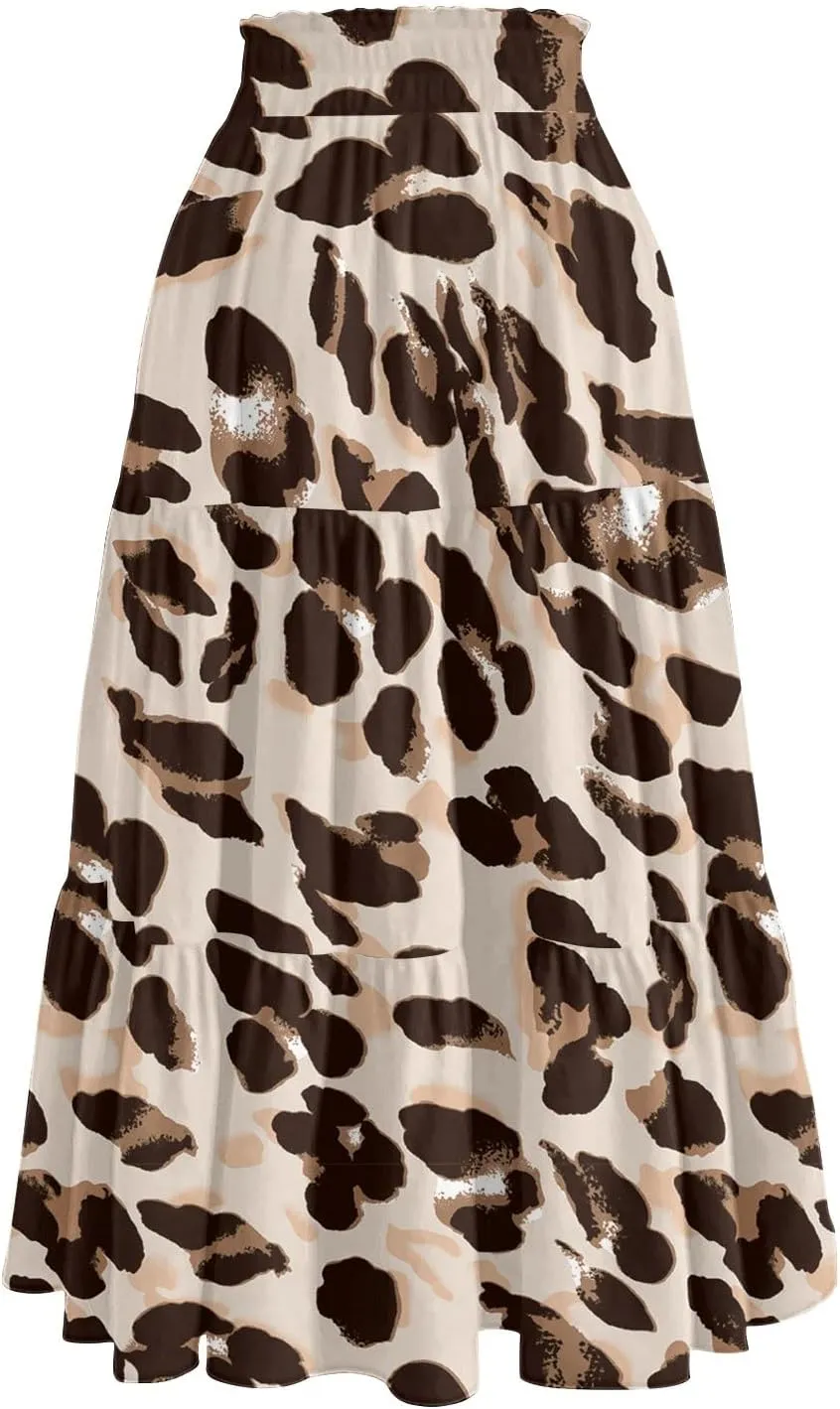 Womens Long Skirts Floral Print Boho Maxi Skirts Summer Pleated Elastic High Waist Drawstring Flowy Skirt with Pocket