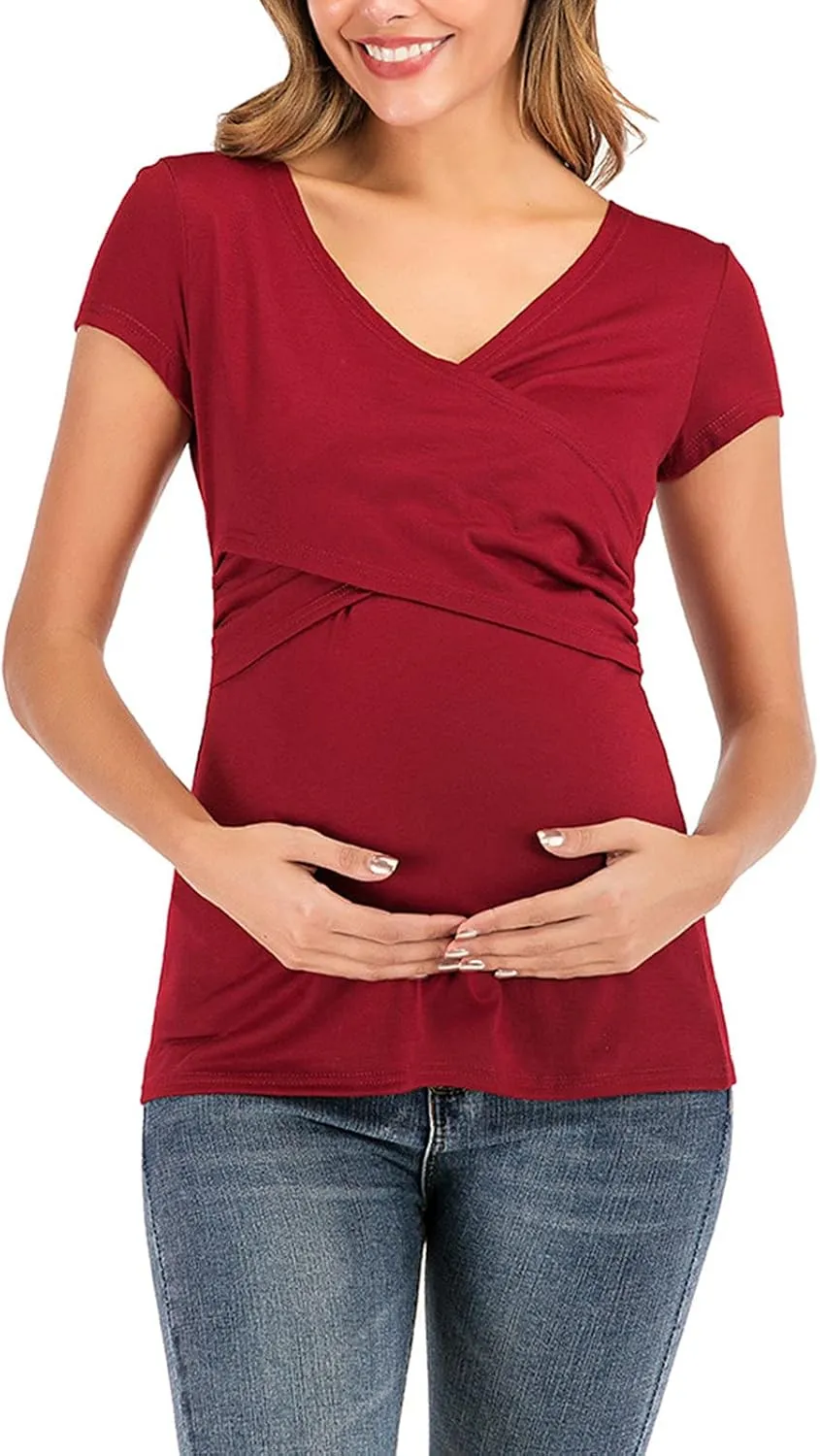 Women's Maternity Solid T-Shirt Short Sleeve Vneck Wrap Cross Nursing Tee Top Pregnancy Shirt Casual Mama Clothes