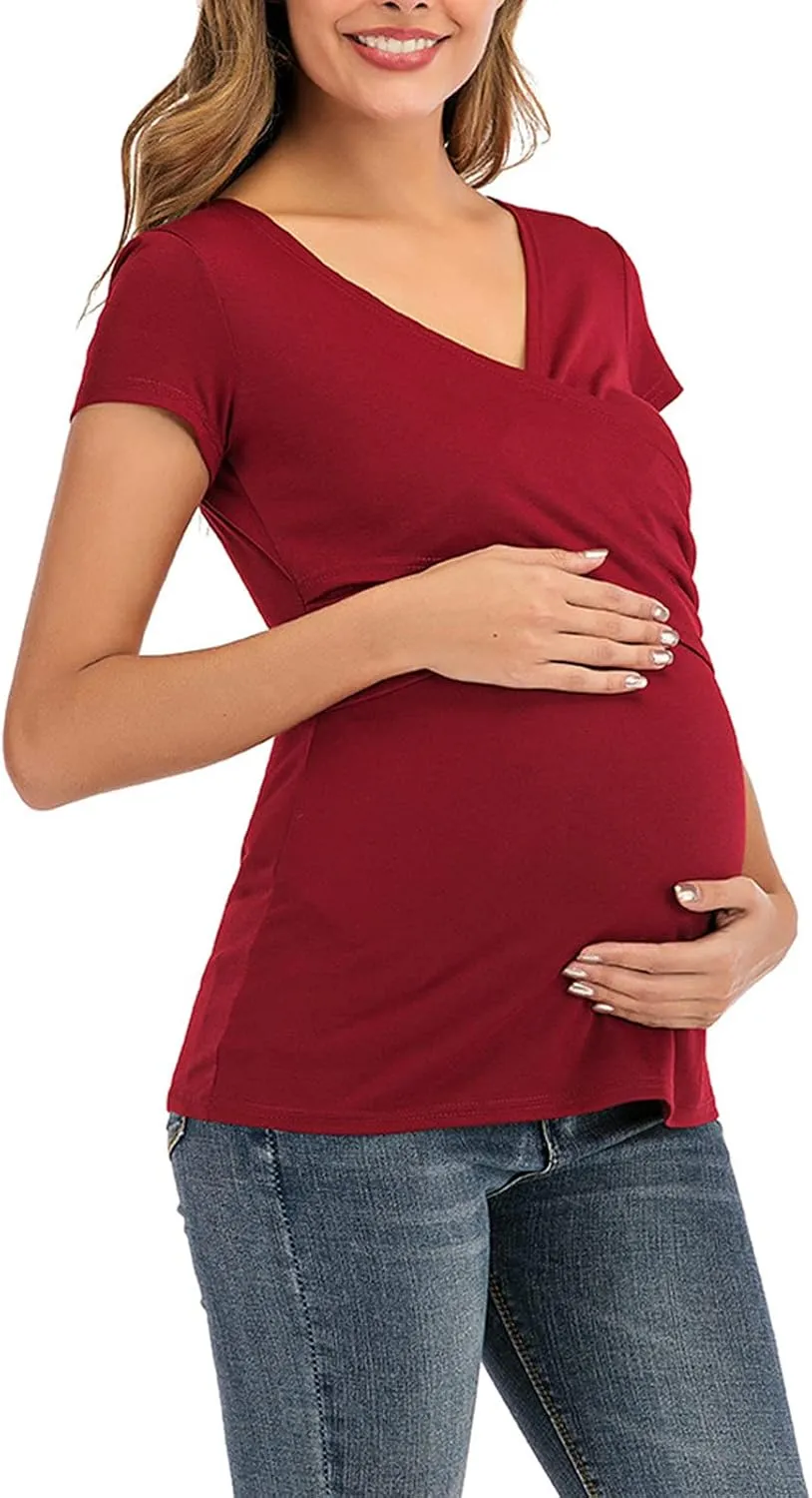 Women's Maternity Solid T-Shirt Short Sleeve Vneck Wrap Cross Nursing Tee Top Pregnancy Shirt Casual Mama Clothes