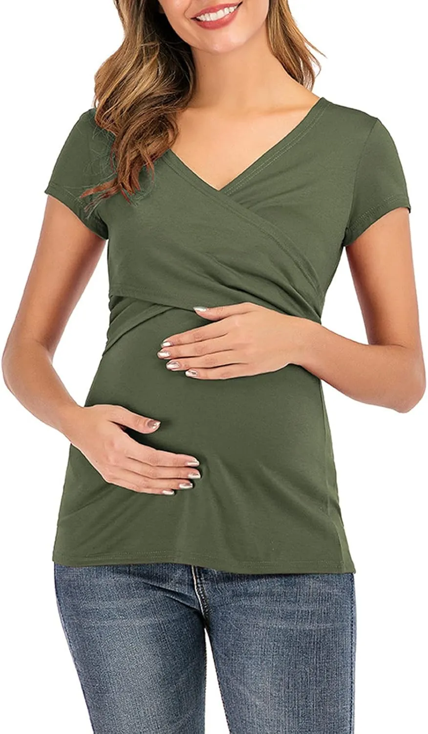 Women's Maternity Solid T-Shirt Short Sleeve Vneck Wrap Cross Nursing Tee Top Pregnancy Shirt Casual Mama Clothes