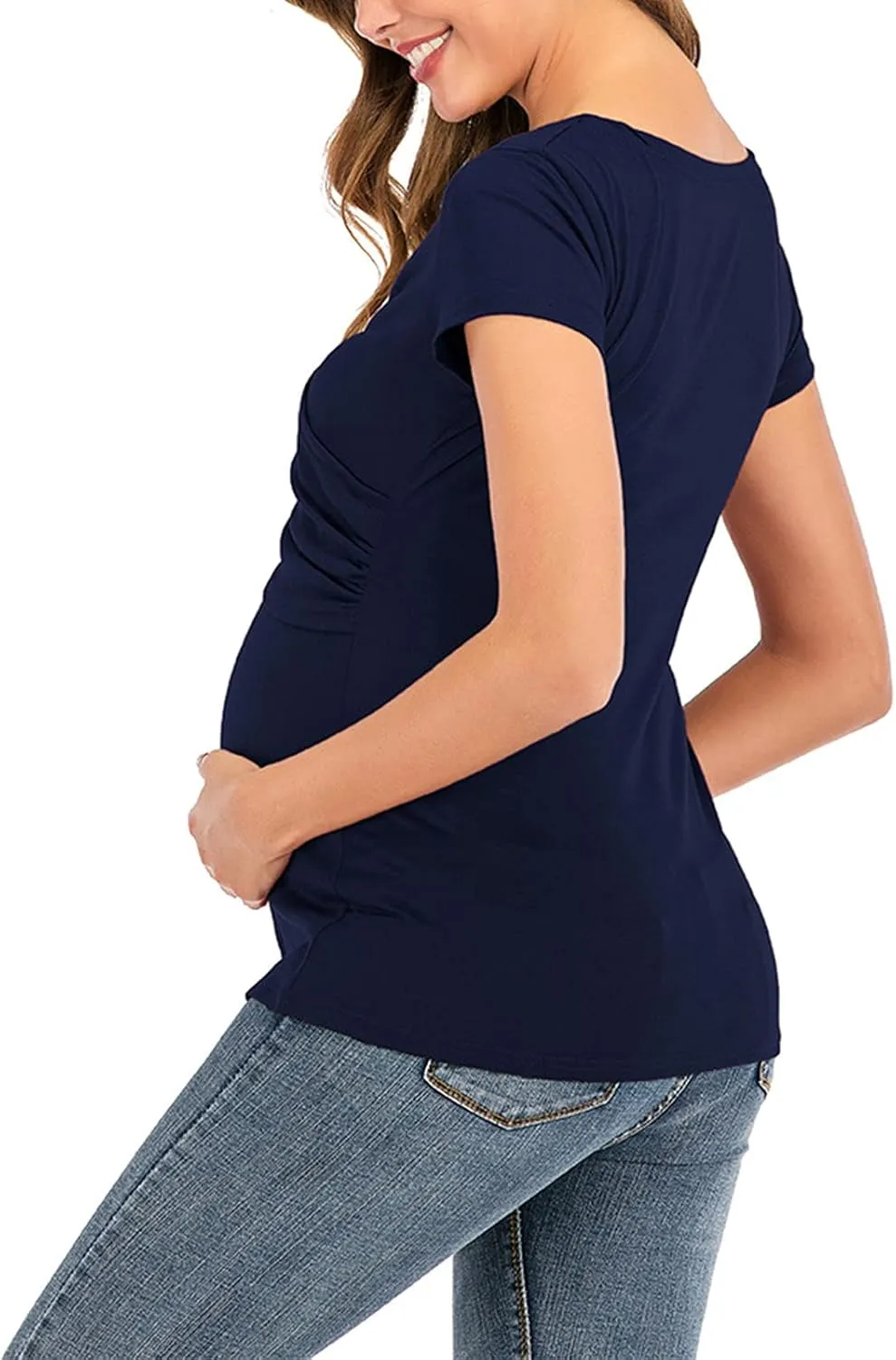 Women's Maternity Solid T-Shirt Short Sleeve Vneck Wrap Cross Nursing Tee Top Pregnancy Shirt Casual Mama Clothes