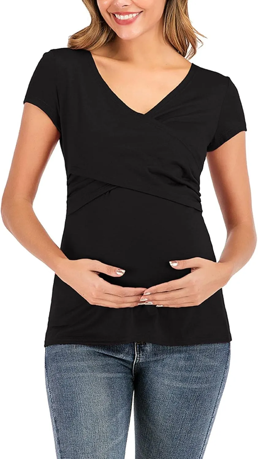 Women's Maternity Solid T-Shirt Short Sleeve Vneck Wrap Cross Nursing Tee Top Pregnancy Shirt Casual Mama Clothes