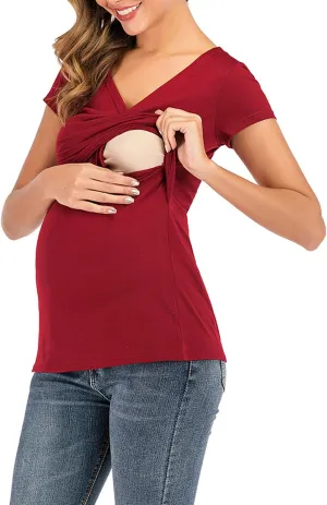 Women's Maternity Solid T-Shirt Short Sleeve Vneck Wrap Cross Nursing Tee Top Pregnancy Shirt Casual Mama Clothes