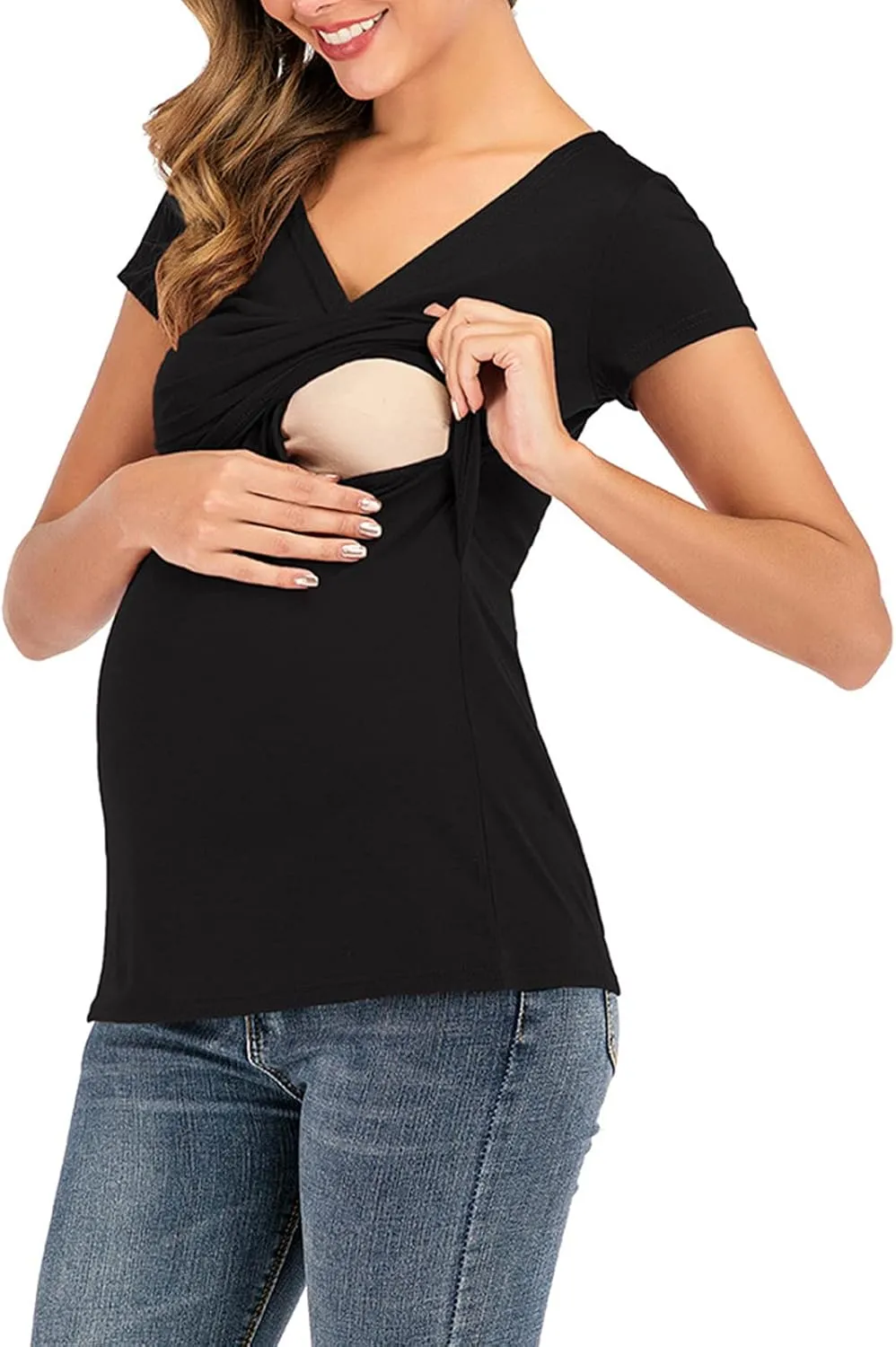 Women's Maternity Solid T-Shirt Short Sleeve Vneck Wrap Cross Nursing Tee Top Pregnancy Shirt Casual Mama Clothes