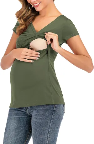 Women's Maternity Solid T-Shirt Short Sleeve Vneck Wrap Cross Nursing Tee Top Pregnancy Shirt Casual Mama Clothes