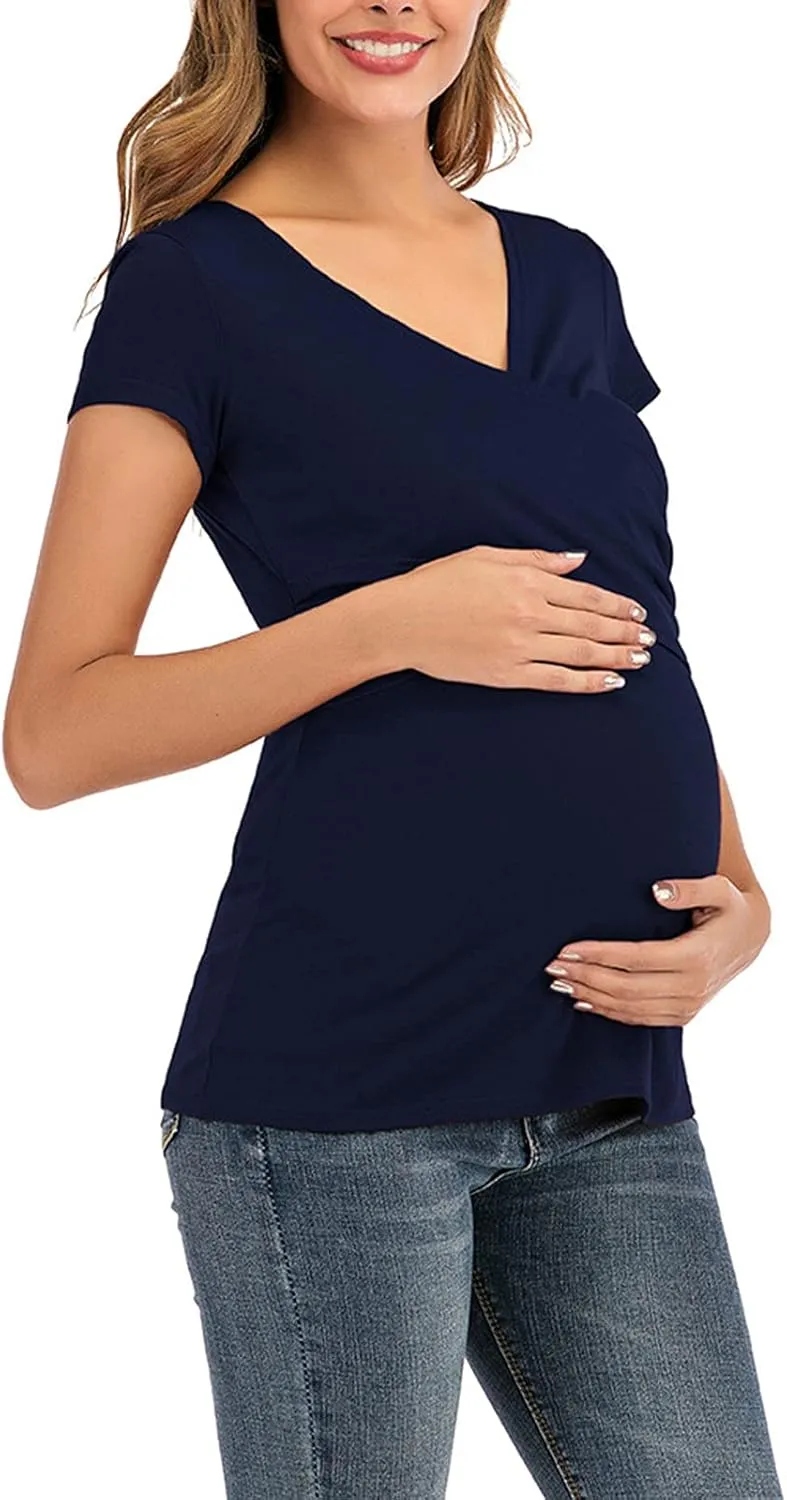 Women's Maternity Solid T-Shirt Short Sleeve Vneck Wrap Cross Nursing Tee Top Pregnancy Shirt Casual Mama Clothes